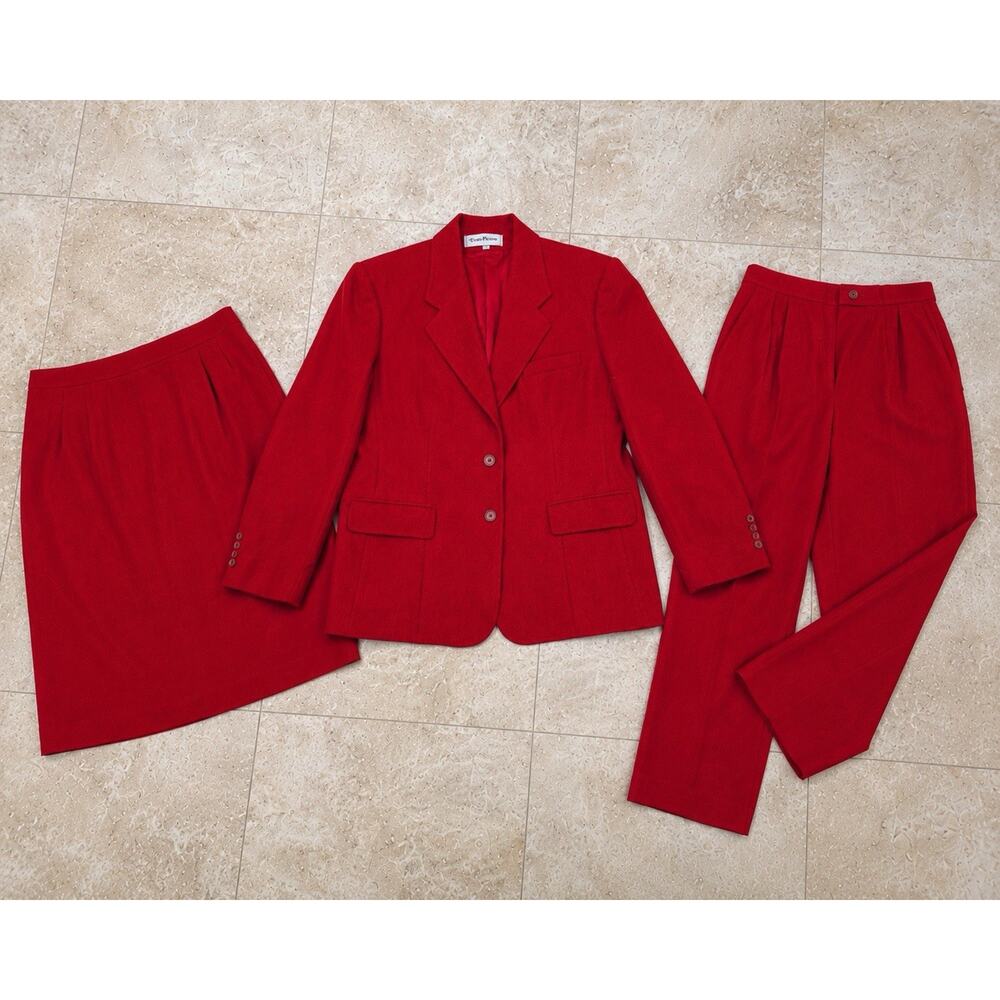 Vintage Evan Picone 3 Piece Suit Wool Mohair Red Blazer Skirt Pants Size 16